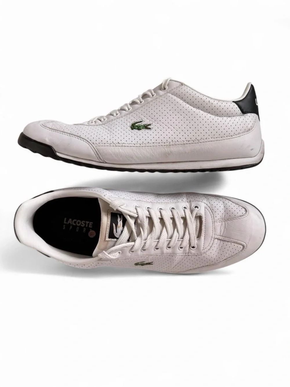 Lacoste Men’s White Leather Perforated Sneaker with Black Heel Men’s 12